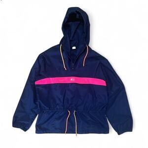 Vintage Retro CB Sports Navy Blue Hot Pink Stripe Windbreaker Jacket Size L